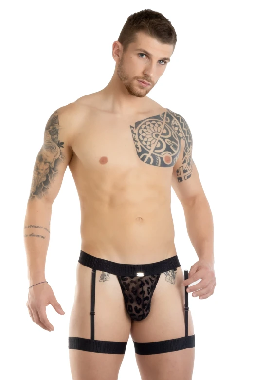 Men's Leopard Print Suspender Thong Black 7483